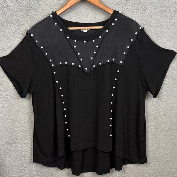 Pol Oversized Pearl Detail Ribbed Top Frayed Edge Twill Size S Boho Whimsigoth - Picture 3 of 9